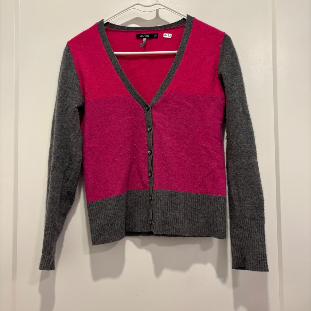 Apt 9 Womens Pure Cashmere V-Neck Cardiganβ Sweater Pink Grey Colorblock Small